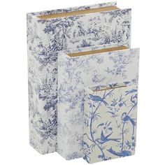 two blue and white bags with birds on them