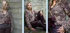 three pictures of a woman leaning against a brick wall with her hands on her hips