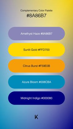 Complementary Color Palette Amethyst Haze #8A86B7 · Sunlit Gold #FFD700 · Citrus Burst #F59E0B · Azure Bloom #008CBA · Midnight Indigo #000080 Blue Colour Palette, The Quiet, Complementary Colors, Violet