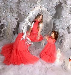 Coral Mother Daughter Matching Gowns Princess Mommy and Me Outfits Flower Girl Dress Birthday Party Gowns Princess, Handmade Girls Dress, Dress Birthday Party, Evening Dresses Plus Size, Mommy And Me Outfits, Pageant Dress, Princess Party, Party Gowns, Prom Party Dresses