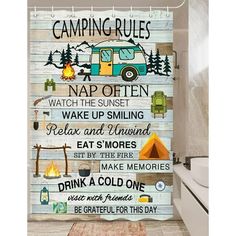 a shower curtain with camping rules on it