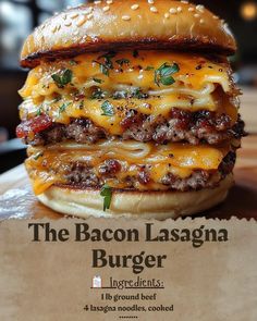 the bacon lasagna burger has cheese and lettuce on it's bun