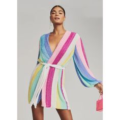 Iconic Retrofte Gabrielle Striped Velvet-Trimmed Sequined Chiffon Mini Wrap Dress In Unicorn Stripe Sz S Boho Party Est. Retail $695 All Items Are 100% Authentic And Come From High-End Department Store Displays, Shelf Pulls, Overstocks Or Customer Returns. As Such The Item May Possibly Show Mild Signs Of Handling And/Or Being Tried On. All Items Come From A Smoke-Free, Pet-Free Environment. Item Description Condition: New With Tags * Introducing The Ultimate Party Frock: The Gabrielle Robe. Enve Sequin Wrap Dress, Taylor Swift Party, Party Frocks, Estilo Taylor Swift, Rainbow Dress, Velvet Trim, Sequin Mini, Sequin Mini Dress, Mini Wrap Dress