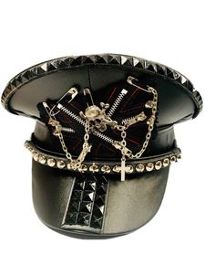 This is a individually hand crafted captain hat. This is a black leatherette captain hat. Well made to a high standard. It has plenty of eye catching detail including metal / black studs, safety pins, zips, cross , chain name a few , please refer to photos . This is a size 59 cm which fits most size heads. No two hats are created the same. Individual and unique  Thank you for looking Punk Mini Hats For Halloween Cosplay, Adjustable Punk Costume Hats And Headpieces For Cosplay, Black Punk Costume Hats And Headpieces, Punk Style Adjustable Costume Hats For Cosplay, Punk Top Hat For Halloween Cosplay, Black Punk Top Hat For Costume Party, Adjustable Punk Mini Hat For Cosplay, Punk Style Top Hat For Halloween Cosplay, Punk Style Top Hat For Cosplay Halloween