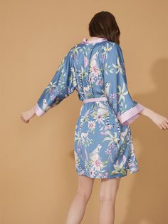 Crafted with meticulous attention to detail, our kimono robe embodies the essence of Eastern luxury, offering you a truly indulgent experience every time you slip it on. Its versatile design effortlessly transitions from leisurely mornings to elegant evenings, ensuring you stay elegant and refined throughout the day. • Silky Comfort: Made of high-quality polyester charmeuse, our robes are soft, lightweight and cooling for summer. They have a smooth and breathable texture that feels just like nat Blue Kimono With Kimono Sleeves For Daywear, Blue Long Sleeve Robe For Spring, Long Sleeve Blue Robe For Spring, Blue Spring Robe For Loungewear, Blue Long Sleeve Kimono For Loungewear, Long Sleeve Blue Kimono For Loungewear, Short Kimono Robe, Silk Dressing Gown, Silky Robe