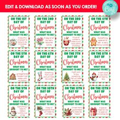 printable christmas coup sheet with the words, on the 1st day of christmas and other things