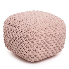 a pink knitted poufce on a white background