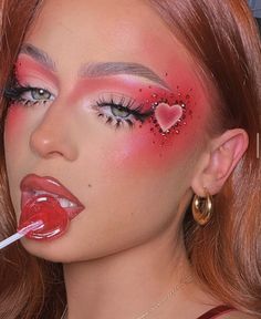 Red Heart Eye Makeup, Day Makeup Looks, Rave Makeup, Ethereal Makeup, Red Makeup