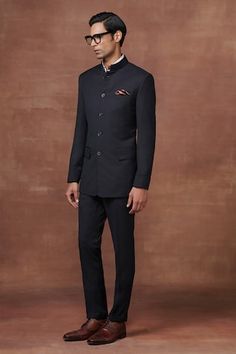 Black full sleeve bandhgala crafted in wool material. Paired with a straight pant. - Aza Fashions Raghavendra Rathore, Jodhpur, Full Sleeves, Ravens, Straight Pants, Black Wool, Aza Fashion, Full Sleeve, Stand Collar