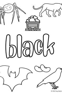 the word black is surrounded by pictures of animals and bats, including a spider, a bat