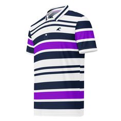 Disclaimer: This Polo Shirt is for a slim physique and runs a bit small, we recommend sizing up. Get ready to impress with this awesome men's navy blue, purple and white classic surf stripes slim fit polo shirt from Extremely Stoked!Classic Surf Stripes Polo Shirt is crafted from soft, breathable, and lightweight fabric keeping you cool and comfortable all day long, whether at a business meeting, social event, or the golf course. Perfect for any occasion, this super sweet polo shirt will have yo Summer Polo Shirt With Horizontal Stripes, Summer Short Sleeve Horizontal Stripe Polo Shirt, Summer Horizontal Stripe Polo Shirt, White Horizontal Stripe Polo Shirt For Summer, White Polo Shirt With Horizontal Stripes, Blue Striped Polo Shirt For Summer, White Polo Collar Top With Horizontal Stripes, Striped Polo Shirt With Polo Collar For Golf, Blue Polo Shirt With Horizontal Stripes