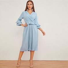 Material: Polyester Decoration: Ruffle, Pleated Waistline: empire Silhouette: A-Line Sleeve Length(cm): Three Quarter Pattern Type: Solid Sleeve Style: Flare Sleeve Neckline: V-Neck Dresses Length: Ankle-Length Fabric: Fabric has no stretch Neckline: Shawl Collar Blue V-neck Dress With Pleated Waist, Light Blue Pleated V-neck Dress, Blue Midi Dress With Pleated Sleeves For Spring, Chic Blue Empire Waist Dress, Blue Pleated Waist Dress For Spring, Light Blue Long Sleeve Pleated Dress, Blue V-neck Midi Dress With Pleated Waist, High Waist Dress, Elegant Dresses Long