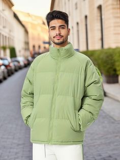 Green Cotton Outerwear With Solid Color, Green Cotton Solid Color Outerwear, Green Stand Collar Outerwear With Pockets, Casual Green Outerwear With Stand Collar, Pocket Pattern, Beauty Expert, Warm Coat, Sleeve Detail, Casual Fits