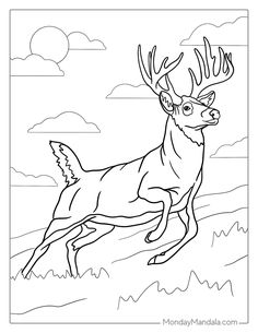 a deer running through the grass with clouds in the background coloring page for kids and adults