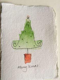 a christmas card with a small green tree on it's head and the words merry xmas written below