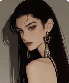 a drawing of a woman with long black hair and earrings on her head, looking to the side