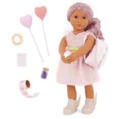 a doll with pink hair is holding a white bag and some other items in front of her