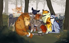 a group of cats that are sitting in the woods together, all looking at each other