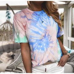 crew neck tie dye t shirts gradient printing loose tops short sleeve fashion summer ladies tops Ty Dye, Pastel Tie Dye, Tie Dye Long Sleeve, Sleeve Fashion, Baby T Shirts, Tie Dye Shorts, Tie And Dye, Tie Dye Shirt, Dye Shirt