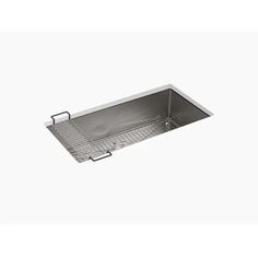 stainless steel sink with drainer and grid for the bottom, on a white background