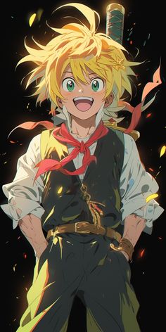 an anime character with blonde hair and green eyes standing in front of a black background