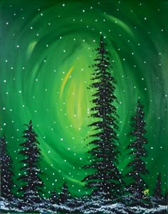 an acrylic painting of trees and the northern sky with green lights in the background