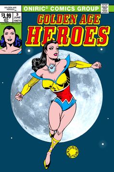 the cover to golden age comics, featuring wonder woman in front of a full moon