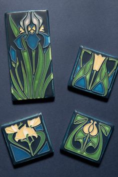 Floral art tiles by Motawi Tileworks Art Nouveau Ceramic Tile, Ceramic Tile Painting Art, Art Deco Ceramic Tiles, Art Deco Ceramics, Art Nouveau Ceramics, Motawi Tile, Arts And Crafts Tiles, Art Nouveau Tile