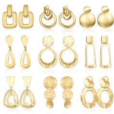 PRICES MAY VARY. Gold Clip On Dangle Earring Set--Contains 9 pairs of different clip-on earrings in one order, rectangle/round/square/ oval earrings. The simple gold matte gloss geometric clip on earrings will go perfectly with your various outfits, making them stylish and practical. Non Pierced Design--These clip earrings are designed for non pierced, the front of the ear completely covers the part of the ear clip, looks no different from normal earrings, easy to wear, just open the ear clip an Hoop Earrings Big, Clip On Hoop Earrings, Geometric Statement Earrings, Fake Earrings, Ear Parts, Matte Gloss, Earrings Big, Oval Earrings, Gold Statement Earrings