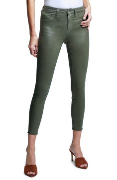 Coated for a sleek sheen, these skinny crop jeans with a high waist polish your look without any effort at all. 26" inseam; 10" leg opening; 10 1/2" front rise; 14 1/2" back rise (size 29) Zip fly with button closure Five-pocket style 86% cotton, 11% elastane, 3% spandex Spot clean only Made in the USA of Imported fabric Women's Clothing Green Cropped Leg Jeans For Fall, Fall Slim Fit Cropped Leg Bottoms, Chic Mid-rise Green Jeans, Chic Green Mid-rise Jeans, Trendy Green Cropped Leg Jeans, Chic Green Jeans For Fall, Sleek Mid-rise Jeans For Fall, Chic Stretch Green Jeans, Chic Fall Jeggings