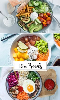 two bowls filled with different types of food and the words 10x bowls above them