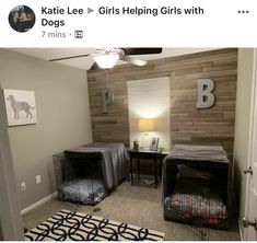 a room with two dogs in cages and a rug on the floor that says, kate lee girls helping girls with beds 7 mins