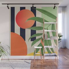 an abstract painting with oranges and green leaves on a white background wall mural print