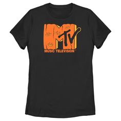 If you like to keep your look and your music a little on the wild side, then you're going to love this new officially licensed MTV Jack-o'-lantern Logo Women's Graphic T-Shirt! This holiday-themed tee features the classic MTV logo in black and orange print, filled with scary pumpkin faces across the front. Dress in style this October with boo-tiful MTV apparel that is perfect for your next big Halloween party! Black Band Logo T-shirt For Fall, Halloween Band Merch Tops With Band Logo, Halloween Band Merch Top With Band Logo, Band Logo Merch Tops For Halloween, Band Merch Tops With Band Logo For Halloween, Halloween Crew Neck Tops With Band Logo, Fall Band Merch T-shirt With Logo, Band Logo Tops For Fall Fan Merchandise, Fall Fan Merchandise Tops In Pop Culture Style