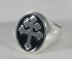 "Lorraine Cross ring in solid sterling silver. Any Size Available Each ring is sized to your exact size in the wax stage before casting. The seal measures 27/32 \" x 45/64\" mm 21,5 x 17,70 Weights 15 grams Each ring is made to size Anello Croce di Lorena in argento 925 millesimi" Silver Cross Rings Stamped 925, Handmade Cross-shaped Ring For Gifts, Silver Engraved Cross Ring, Sterling Silver Cross Ring, Classic Silver Cross Rings, Sterling Silver Cross Ring Symbolic Style, Silver Cross Signet Ring Gift, Symbolic Sterling Silver Cross Rings, Classic Silver Cross-shaped Rings