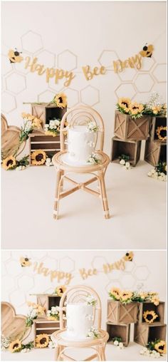 a cake sitting on top of a wooden chair in front of a wall with sunflowers