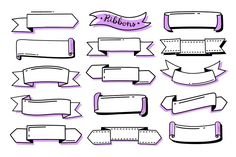 a set of hand drawn ribbons and banners with the word ribbon on them in purple ink