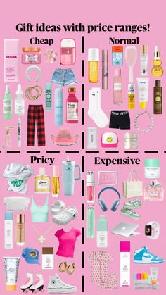 a pink poster with different types of items on it and the words, gift ideas with price ranges? cheap? normal?