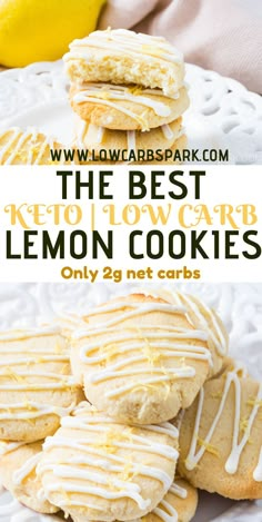 lemon cookies on a plate with the title text overlay reads, the best keto lowcarb lemon cookies only 2g net carbs