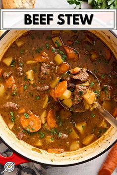 beef stew with carrots, potatoes and parsley in a pot