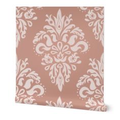 a pink and white wallpaper with an ornate design on it's side,