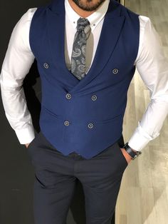 Slim-Fit Double  Breasted Vest Blue-baagr.myshopify.com-suit-BOJONI Suit Vest Outfits, Men Vest Outfits, Vest Outfits Men, Grey Pants Men, Mens Vest Fashion, Double Breasted Vest, Mens Fashion Work, Waistcoat Men, Blue Vest