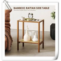 the bamboo rattan side table has two vases on it and is next to a couch