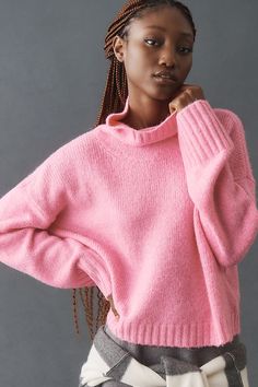 The Lennon Wide-Sleeve Turtleneck Sweater by Pilcro Yellow Knitwear, Cute Pink Sweater, White Turtleneck Sweater, White Turtleneck, Pink Fits, Cable Sweater, Anthropologie Sweater, Beige Sweater, Brown Sweater