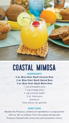 the menu for coastal mimosa is displayed on a table with fruit and drinks