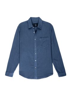 Lightweight cotton, long sleeve, indigo buttondown shirt featuring a relaxed fit, patch pocket at chest, and natural mother of pearl buttons. This classic, ultra comfortable style cut from breathable cotton is the perfect piece to wear from the office to out with friends. Blue Classic Shirt With Patch Pockets, Classic Blue Shirt With Patch Pockets, Indigo Button-up Shirt With Pockets, Washed Blue Cotton Shirt With Button Closure, Dark Wash Long Sleeve Tops With Patch Pockets, Unstructured Indigo Button-up Shirt, Washed Blue Cotton Shirt For Work, Washed Blue Cotton Shirt For Workwear, Washed Blue Cotton Workwear Shirt