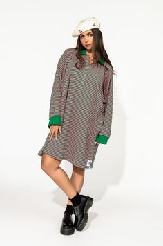 Striped Oversized Dresses For Daywear, Cotton Long Sleeve Dress With Striped Collar, Long Sleeve Cotton Dress With Striped Collar, Cotton Dress With Striped Collar And Long Sleeves, Long Sleeve Dress With Striped Collar For Daywear, Satin Playsuit, Polo Knit, Oversized Polo, Oversized Sleeves