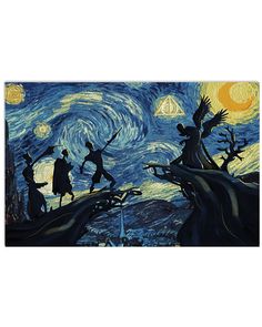 the starry night with silhouettes of people dancing in front of an artistic painting