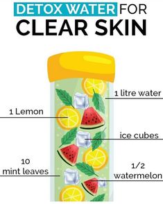 Water For Clear Skin, Detox Water For Clear Skin, Clear Skin Diet, Skin Drinks, Skin Diet, Infused Water Recipes, Resep Diet, Fruit Infused Water, Detox Water Recipes