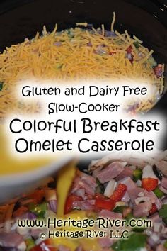 the ingredients for this slow - cooker omelet casserole are mixed together